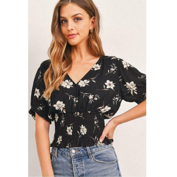 Paper Crane Tops - Women's Floral Blouse Top Puff Sleeve Smocked Waist Black NWT